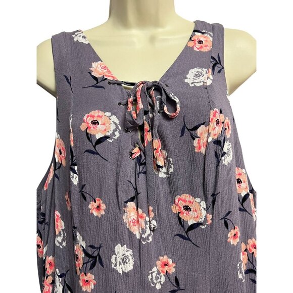 Torrid Size 2 Gray Purple Floral‎ Sleeveless A-Line Swing Dress Tie Neck Lined - Picture 11 of 16